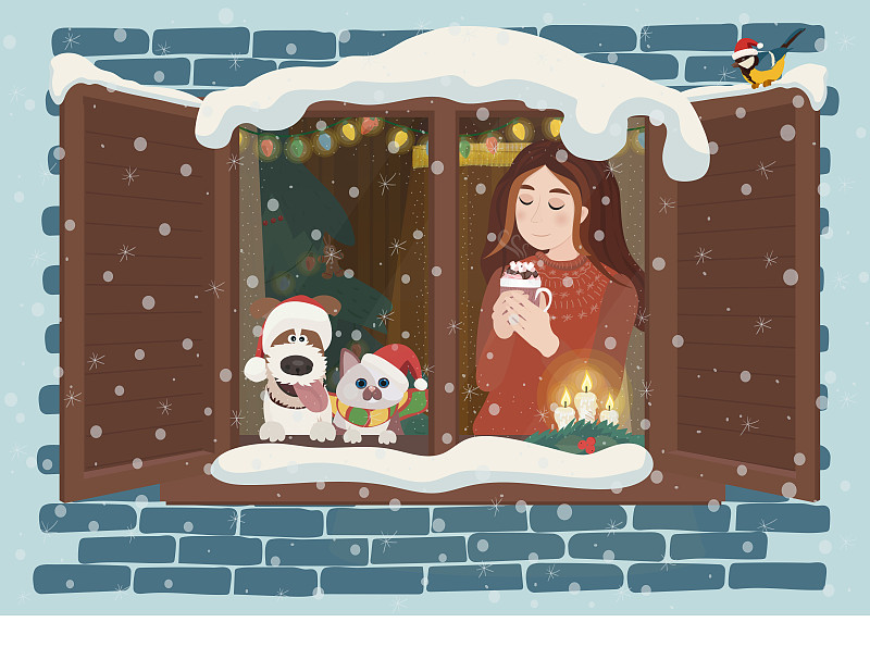 在圣诞节的晚上，一个女孩和她的狗和猫看着窗外的天空，等待着圣诞老人。房子内部为圣诞节而装饰一新。图片下载