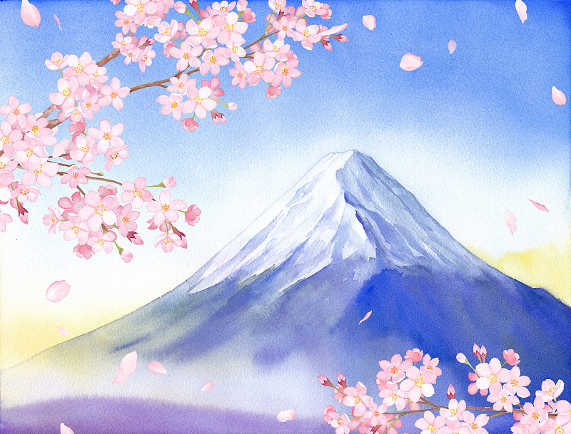 日本春天的风景。观赏樱花和富士山。水彩插图图片下载