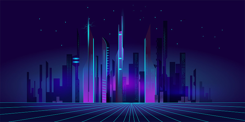 赛博朋克风格的梦幻城市。未来的夜晚之城。图片素材