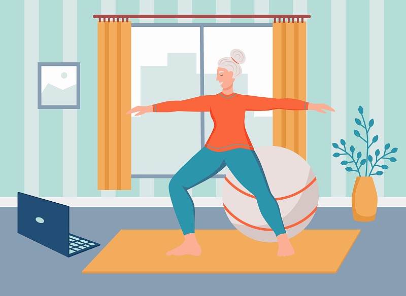 一位老妇人在家里做瑜伽。积极晚年的概念，运动和瑜伽。老人日。平面卡通矢量插图。图片下载