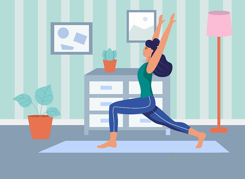 一个年轻的女人在家里做瑜伽。日常生活、日常休闲和工作活动的概念。平面卡通矢量插图。图片下载