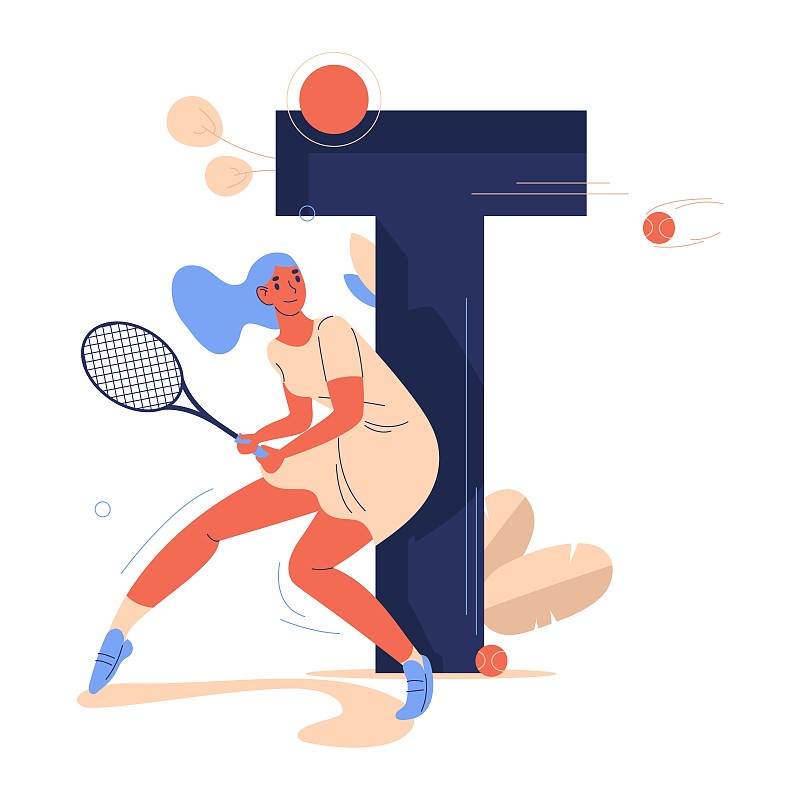 在网球比赛中拿着球拍和飞球准备击球的女子。用蓝色画的大字母T。女性角色在运动服装微笑图片下载