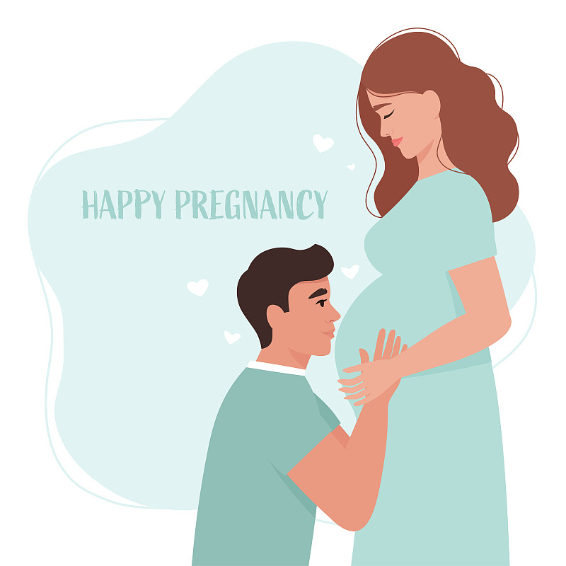 年轻男子亲吻他怀孕的妻子的肚子。快乐怀孕的概念。矢量插图平面风格图片素材