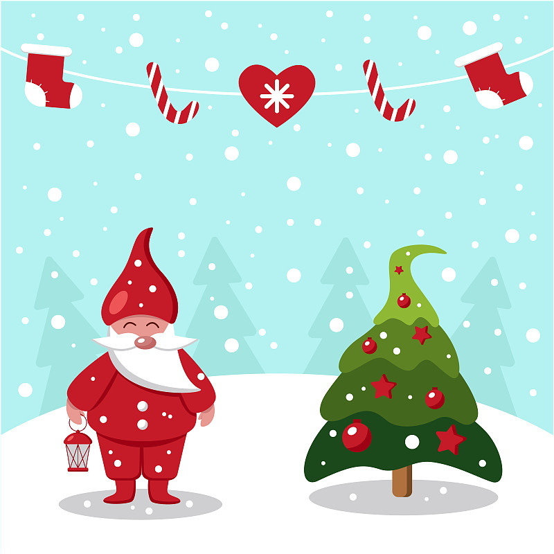 圣诞贺卡可爱的小精灵在圣诞树上的蓝色背景。矢量平面插图的圣诞节侏儒在一个下雪的森林。每股收益10。图片下载
