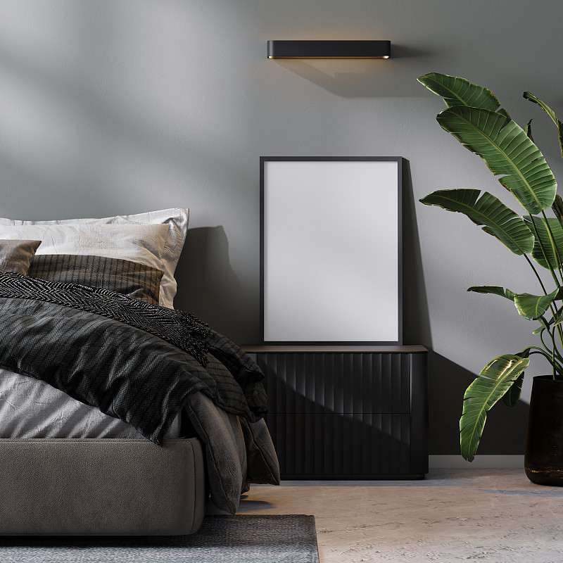 空白海报框架模拟近床在现代卧室室内灰色色调，3d渲染图片下载