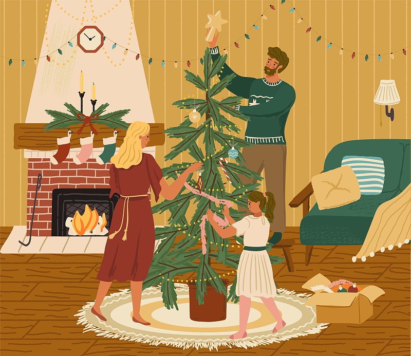 幸福的家庭用装饰品和花环装饰圣诞树。人们正在准备2022年新年和圣诞节的庆祝活动。彩色矢量插图在手绘风格风格图片下载