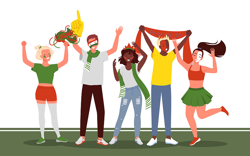 足球或足球迷在白色背景下庆祝进球。卡通年轻快乐的女人男人粉丝人物用国旗和彩绘的脸支持国家队。图片下载