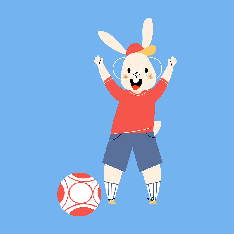 兔子在踢足球。可爱的足球动物吉祥物运动制服卡通矢量插图图片下载