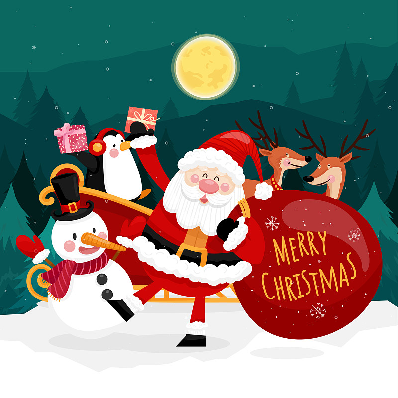 有圣诞老人，雪人和礼盒的圣诞贺卡。图片下载