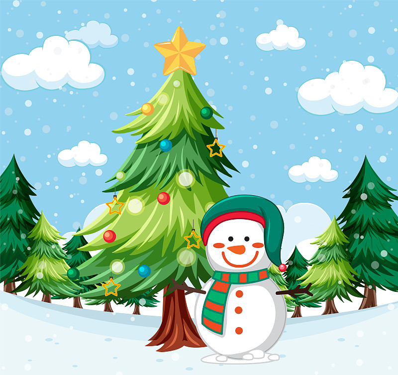 户外背景圣诞树下的雪人图片下载
