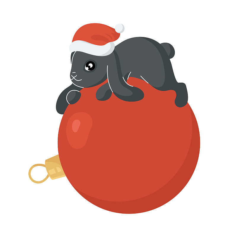 一只黑兔子躺在圣诞球上。图片下载