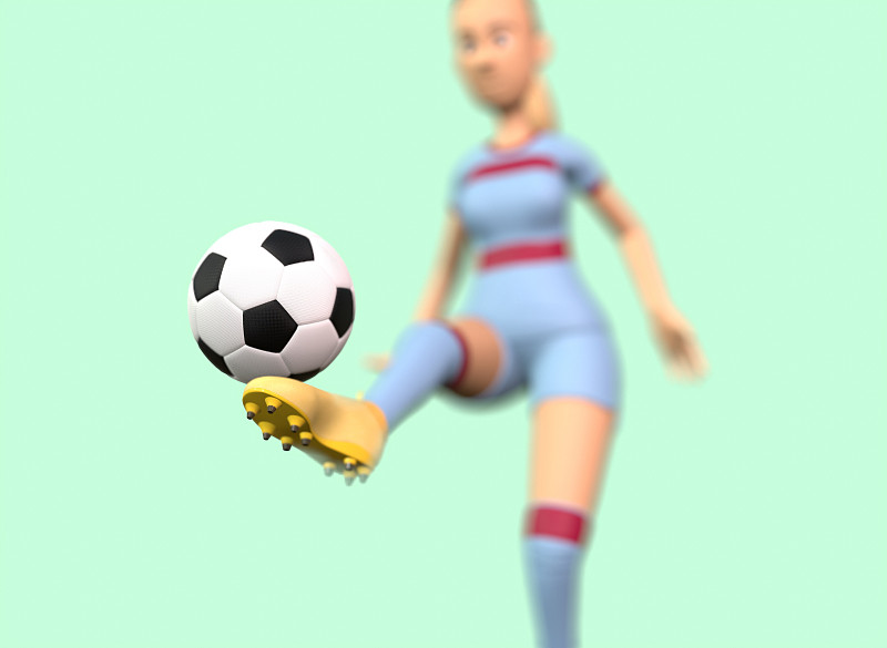 一个踢足球的女孩把球放在她的脚上，球在焦点三维渲染图片下载