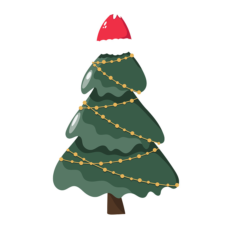 圣诞树上有卡通风格的圣诞老人帽子上的灯。矢量插图。图片下载