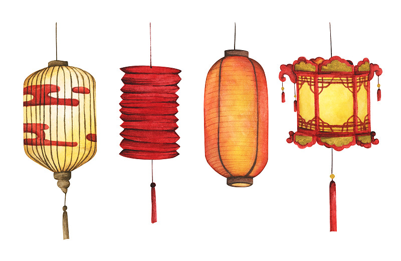 一套中国传统纸灯笼。水彩插图。图片下载