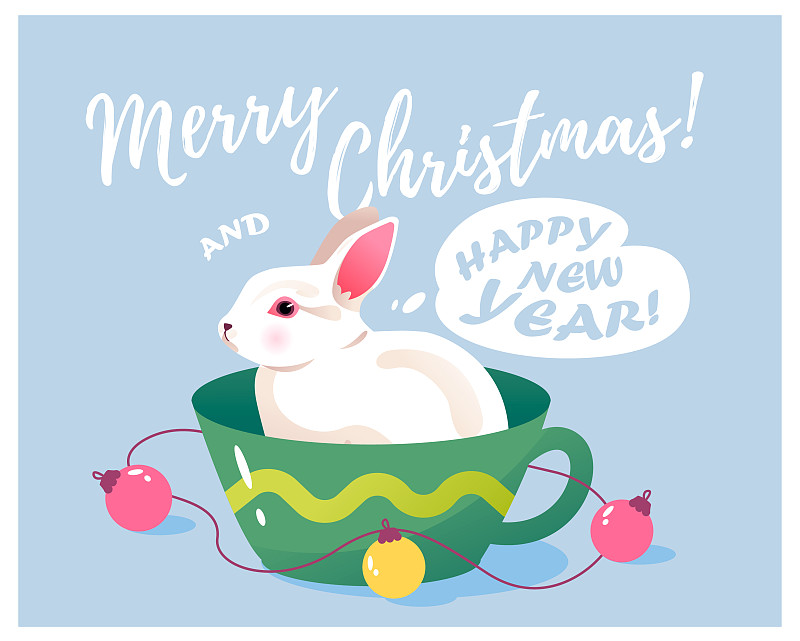 一只戴着圣诞装饰的兔子。圣诞矢量贺卡。图片下载