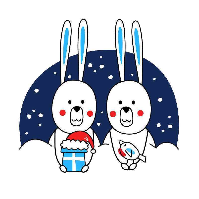 兔子们坐在雪堆里，带着一份礼物和一只红腹灰雀。蓝色背景上可爱的风格化动物。新年主题的矢量插图。图片下载