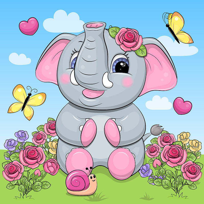 可爱的卡通小象在玫瑰园。图片下载