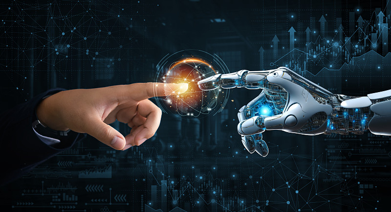 股票图背景下大数据连接的机器人与人的双手。科技与人工智能，创新未来。AI，机器学习。图片下载