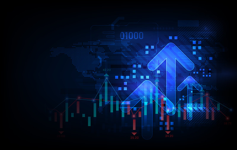 未来主义提出的三重箭头图表与烛台数字转换抽象的技术背景。大数据和业务增长货币股票和投资经济。矢量图下载