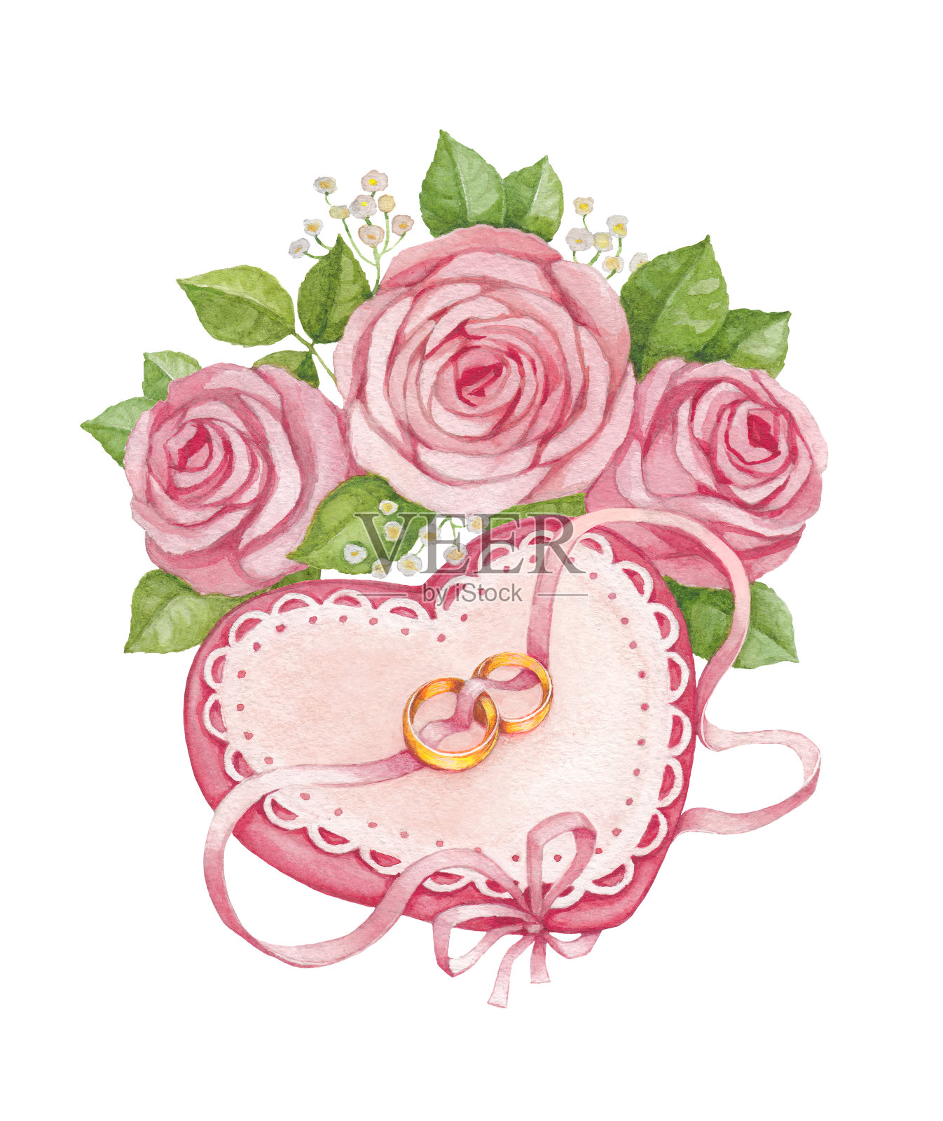结婚戒指和新娘花束的水彩插图插画图片素材