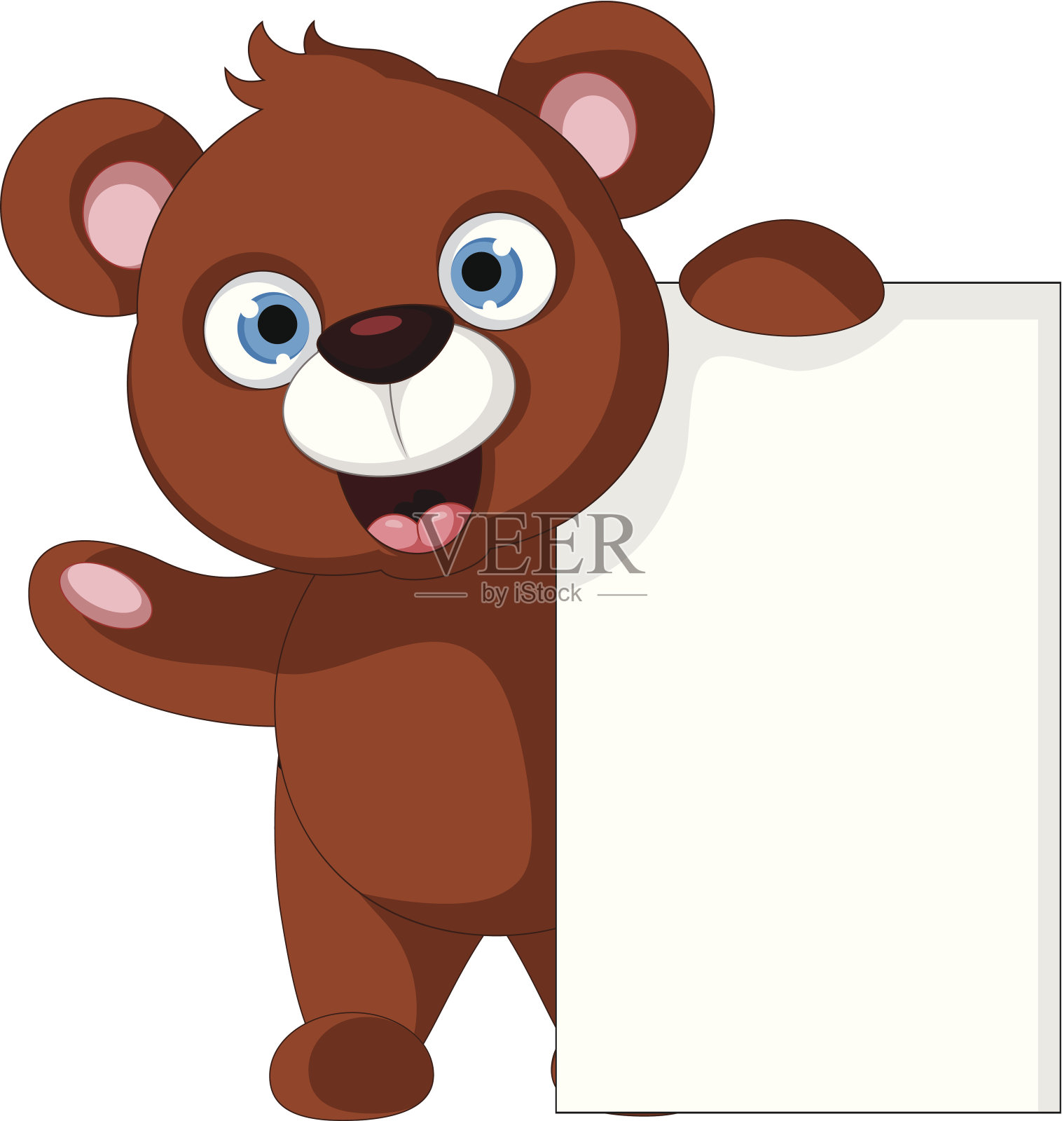 快乐宝宝棕熊卡通与空白标志摆姿势插画图片素材