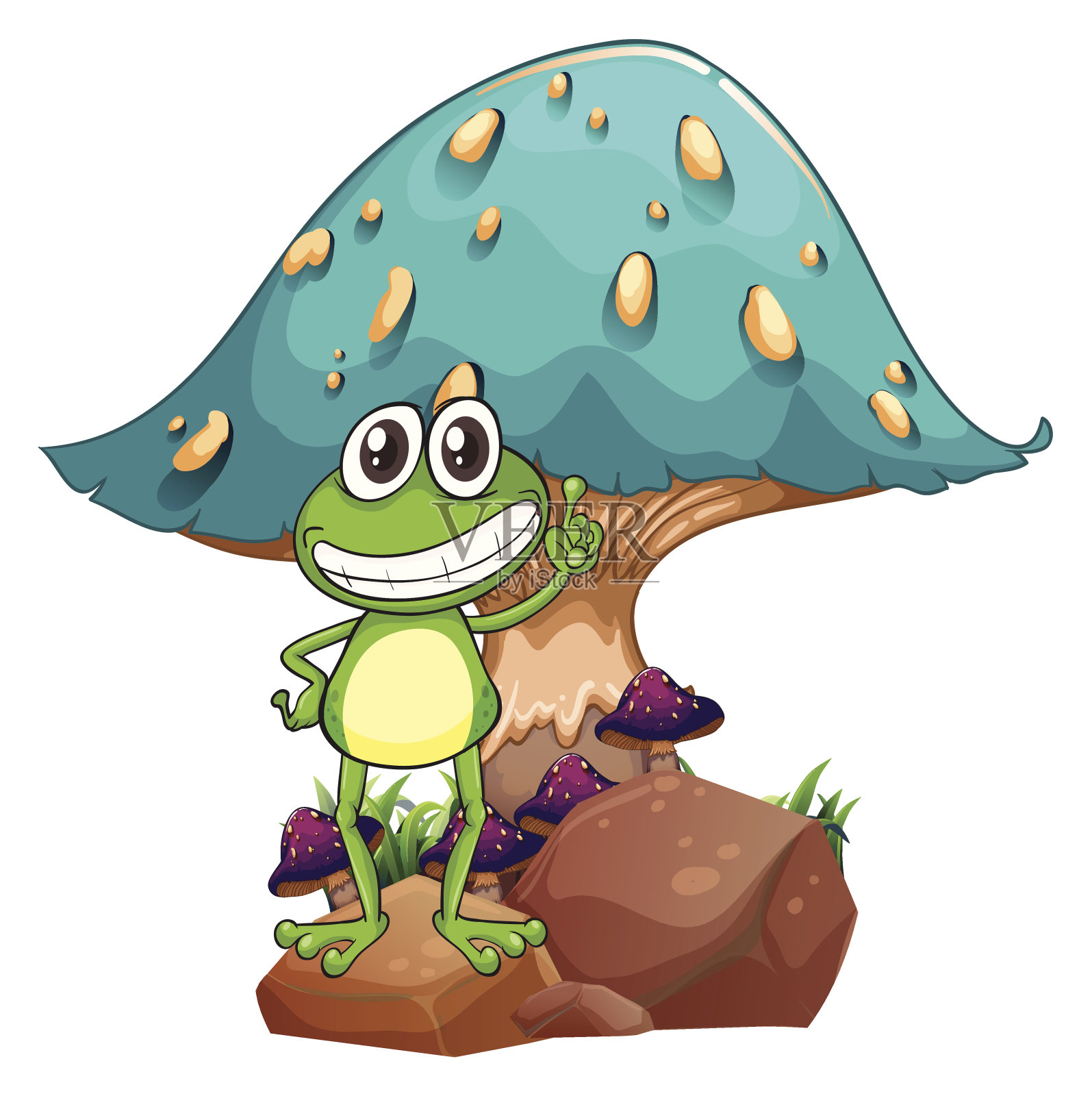 青蛙站在岩石上，下面是巨大的蘑菇插画图片素材