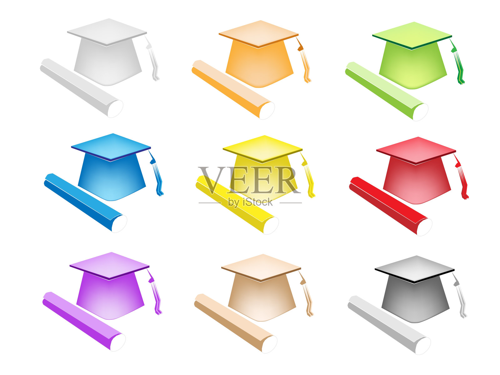 9种不同颜色的毕业帽系列插画图片素材