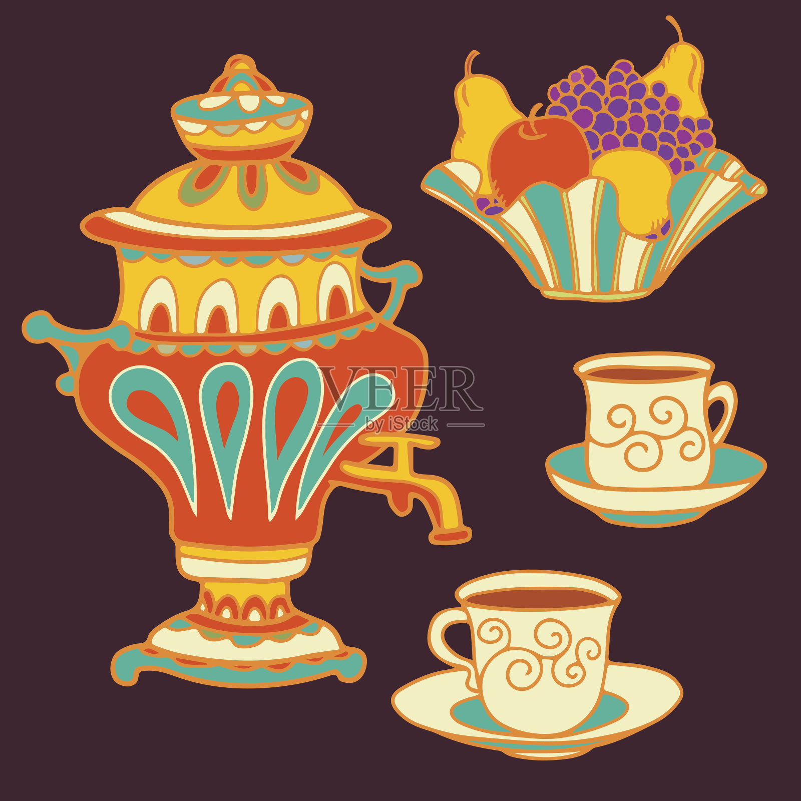 摆放俄式茶炊、水果碗和茶杯插画图片素材