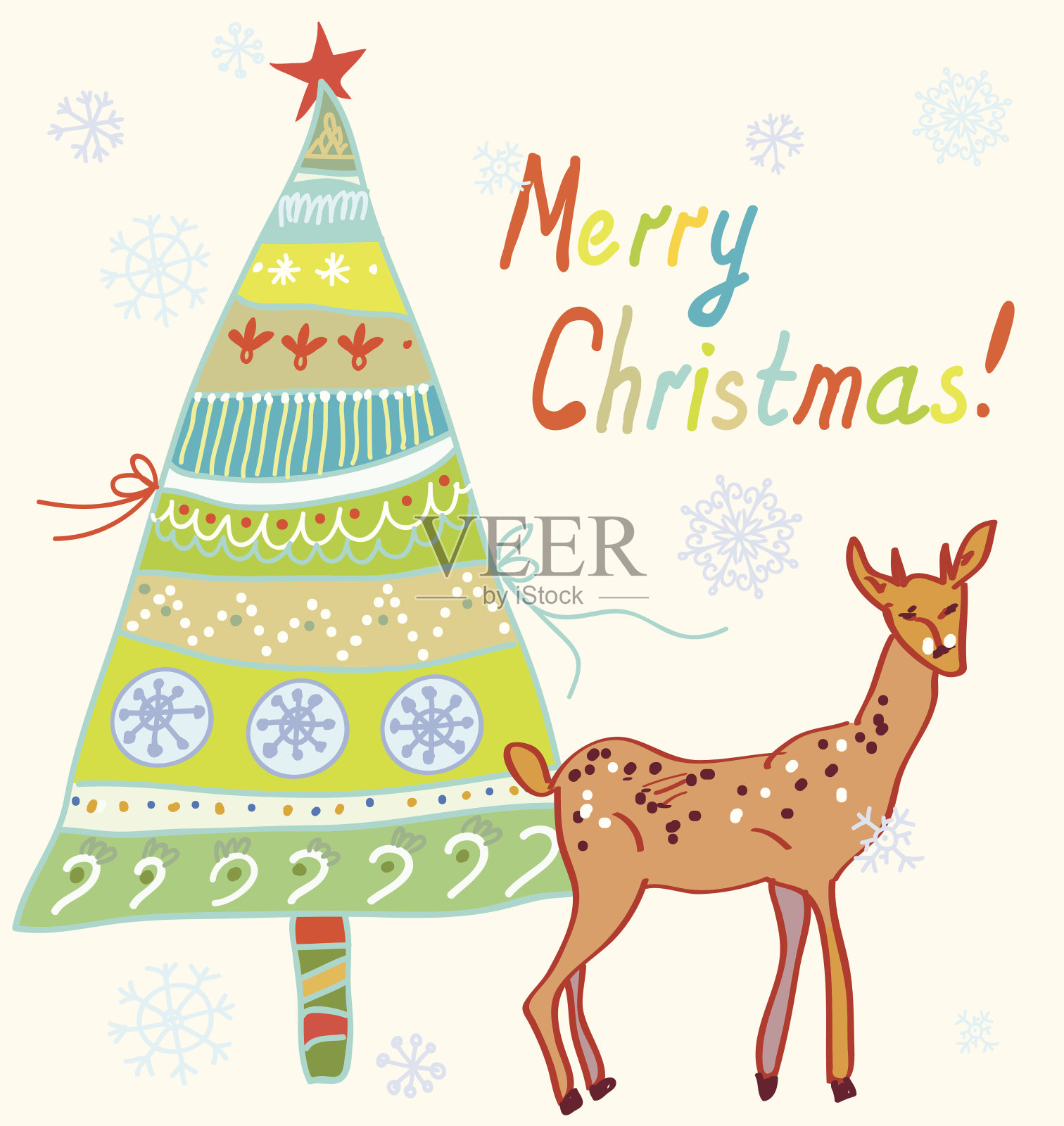 圣诞树和驯鹿的圣诞卡片插画图片素材