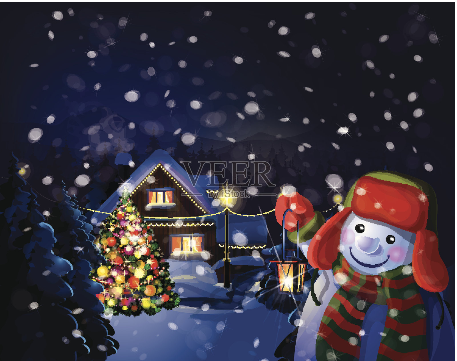 向量雪人举着灯笼在圣诞场景的背景。插画图片素材
