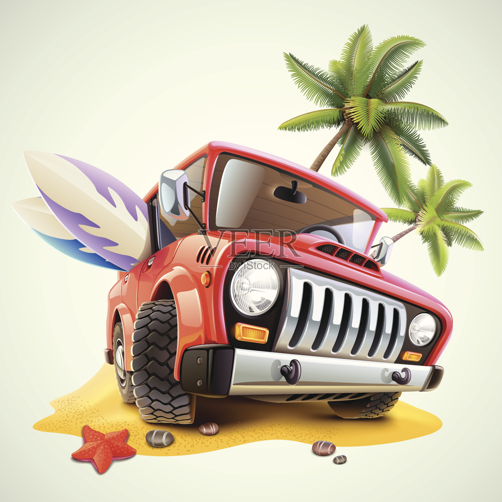夏天的车在沙滩上与棕榈插画图片素材