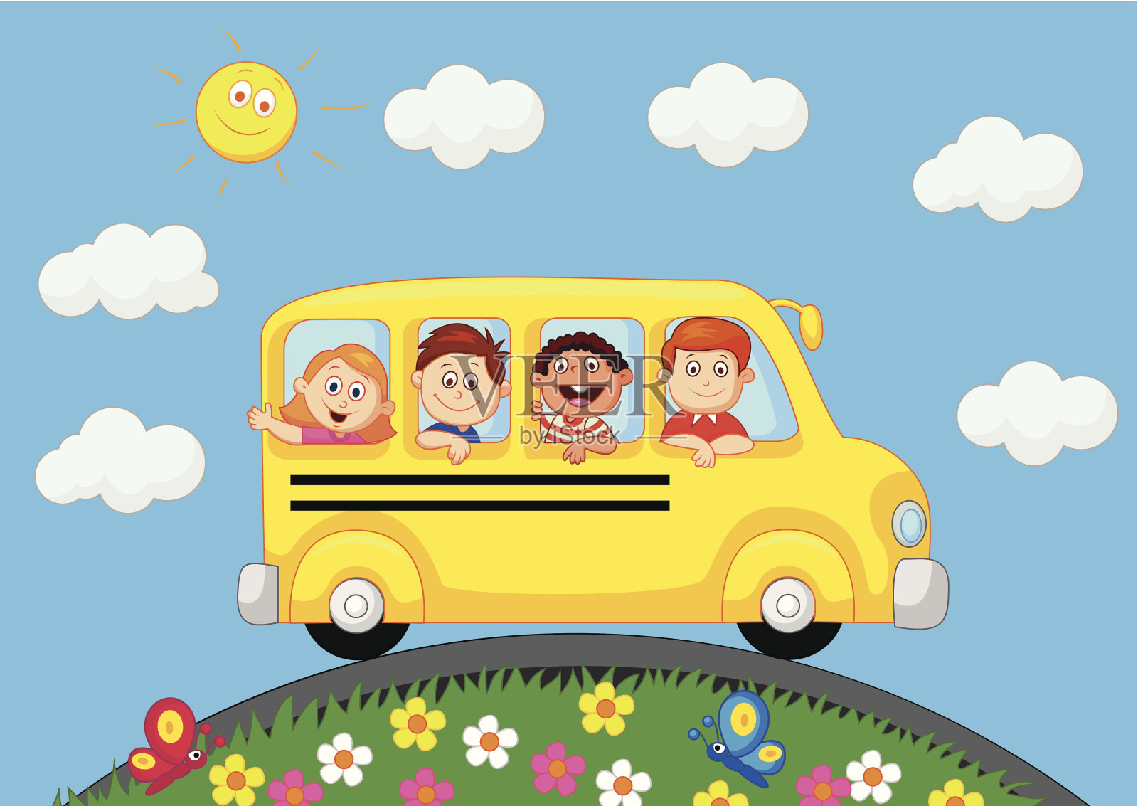 卡通校车与快乐的孩子插画图片素材