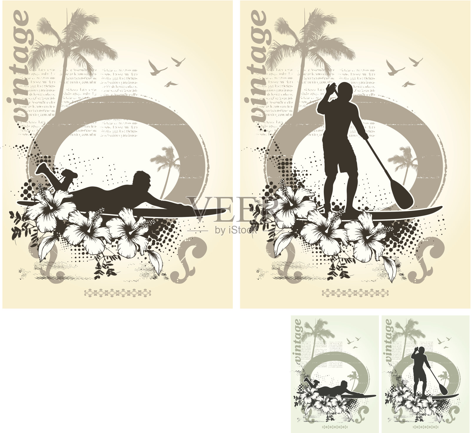 两张老式冲浪海报，上面有骑手插画图片素材