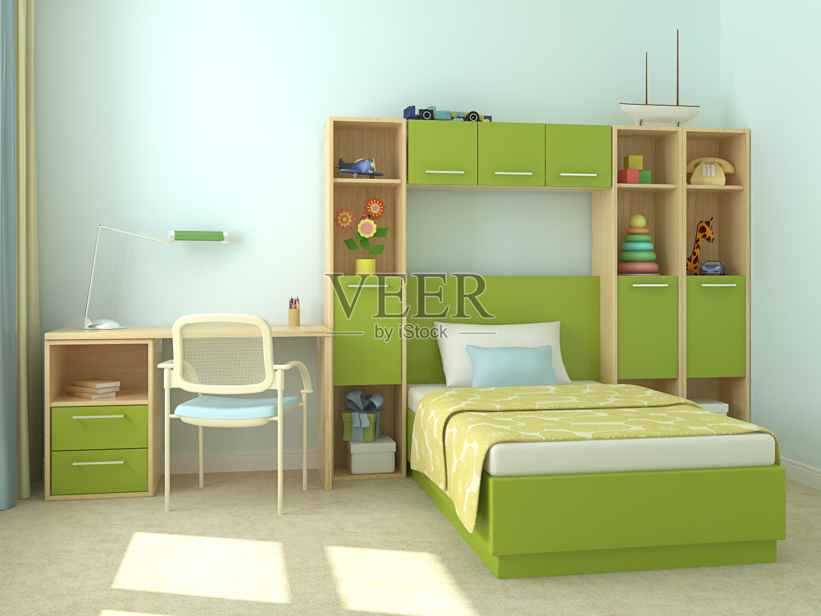 绿色主题的卧室，蓝色的墙壁，适合年轻人照片摄影图片