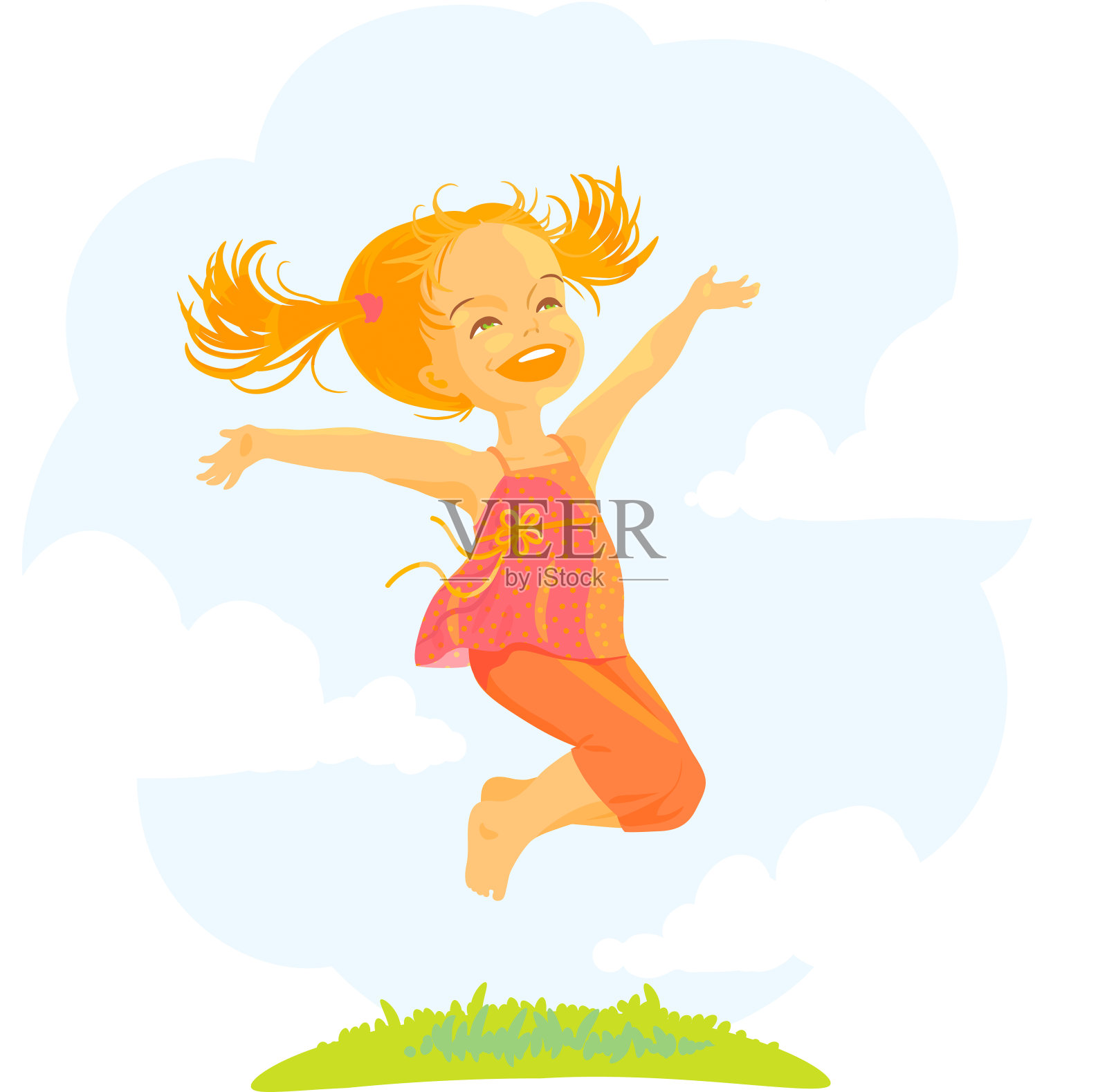 快乐的跳跃小女孩插画图片素材