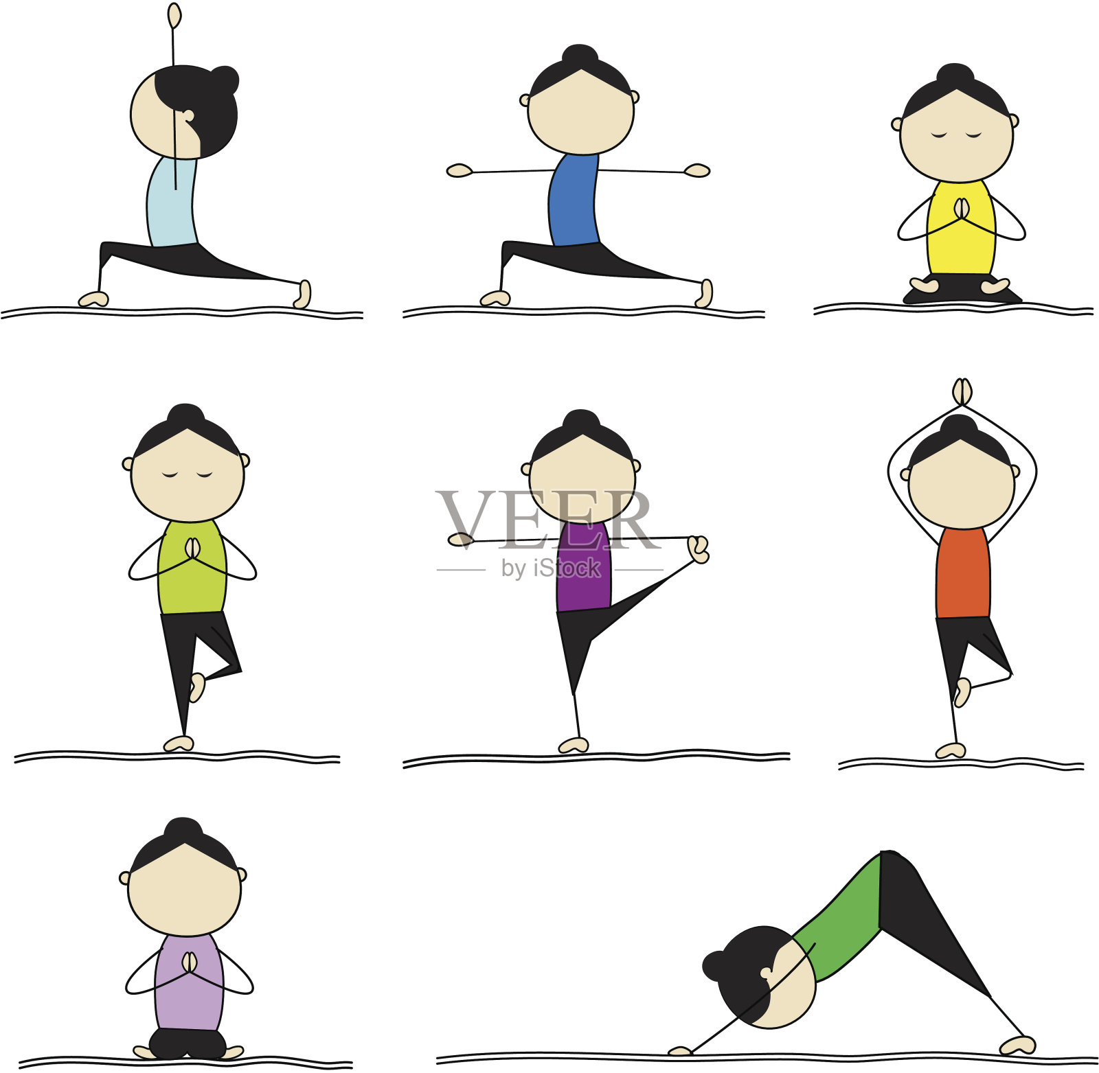 一幅描绘女人在练瑜伽的卡通海报插画图片素材