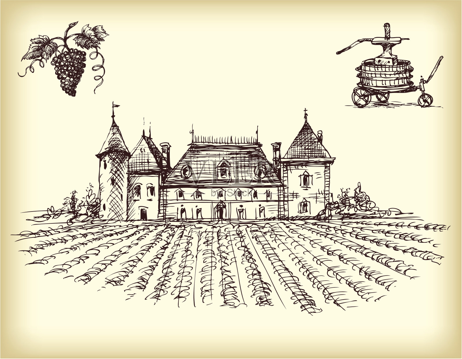 酒庄项目与葡萄园在Sepia插画图片素材