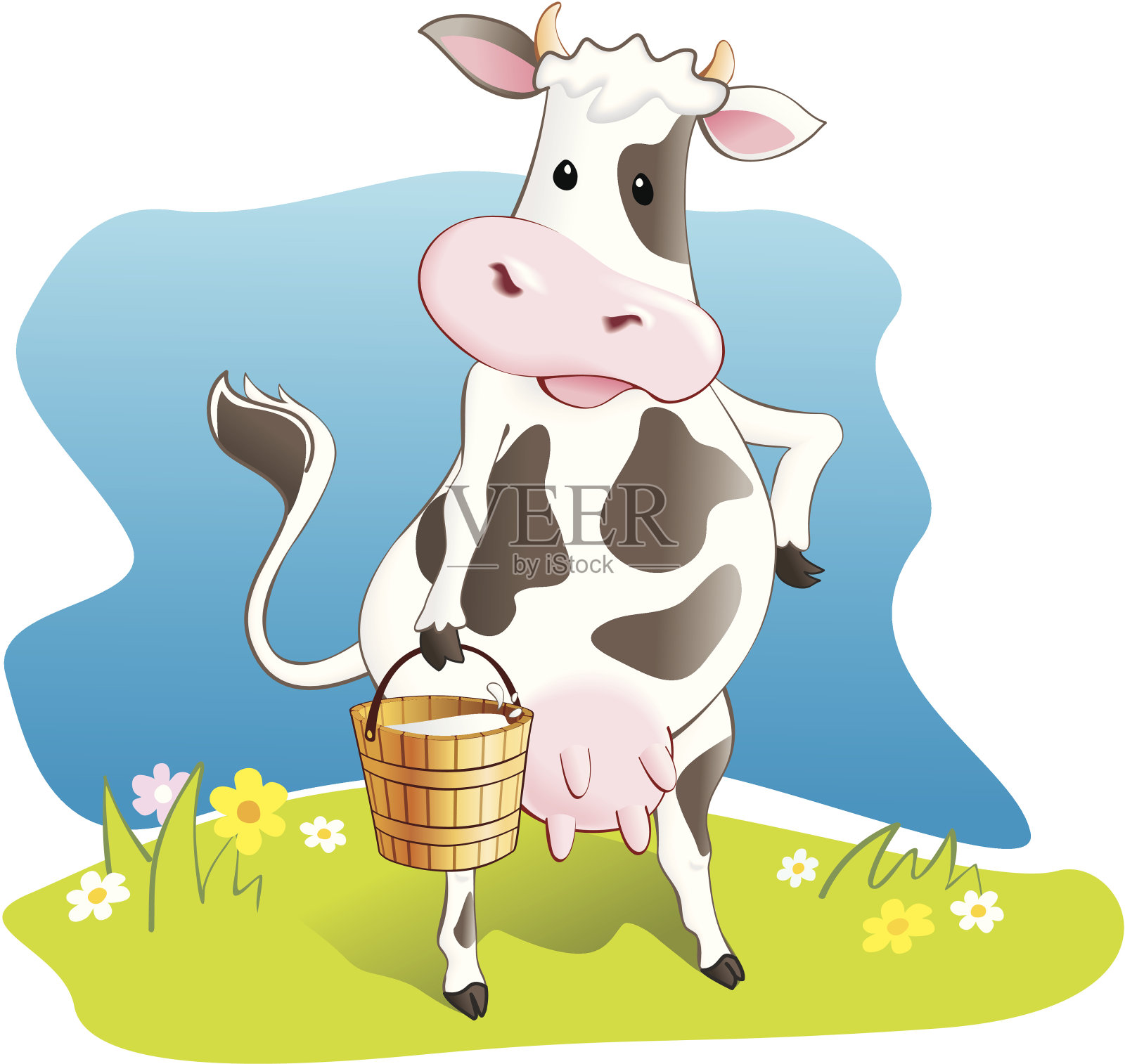 有趣的奶牛提着一个装牛奶的木桶插画图片素材