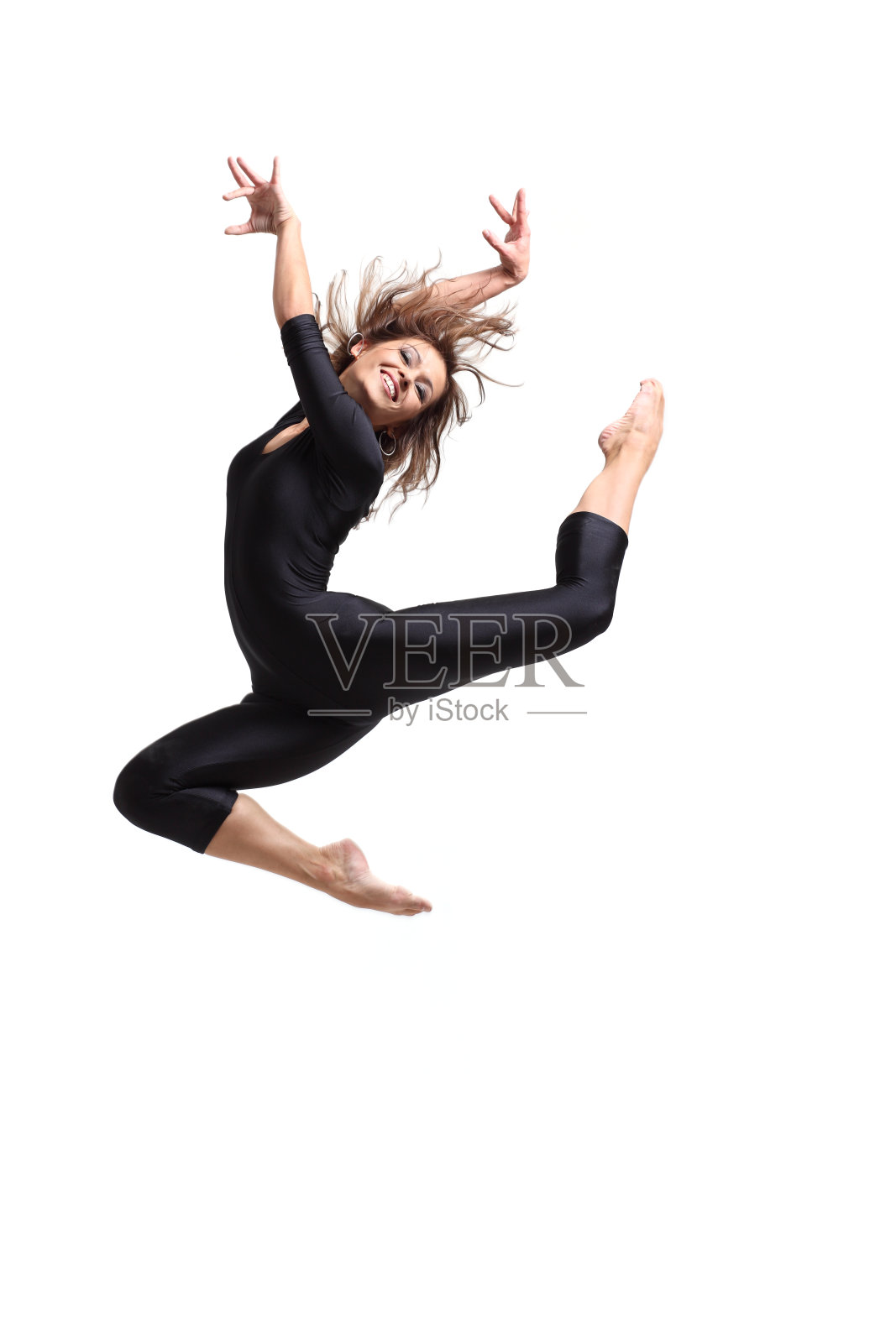 跳女舞者在一个黑色紧身衣孤立的白色照片摄影图片
