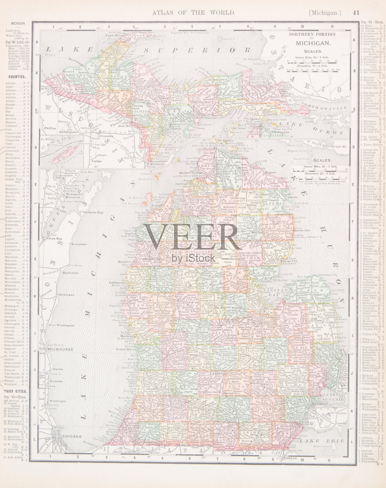 美国密歇根州古董古董彩色地图插画图片素材