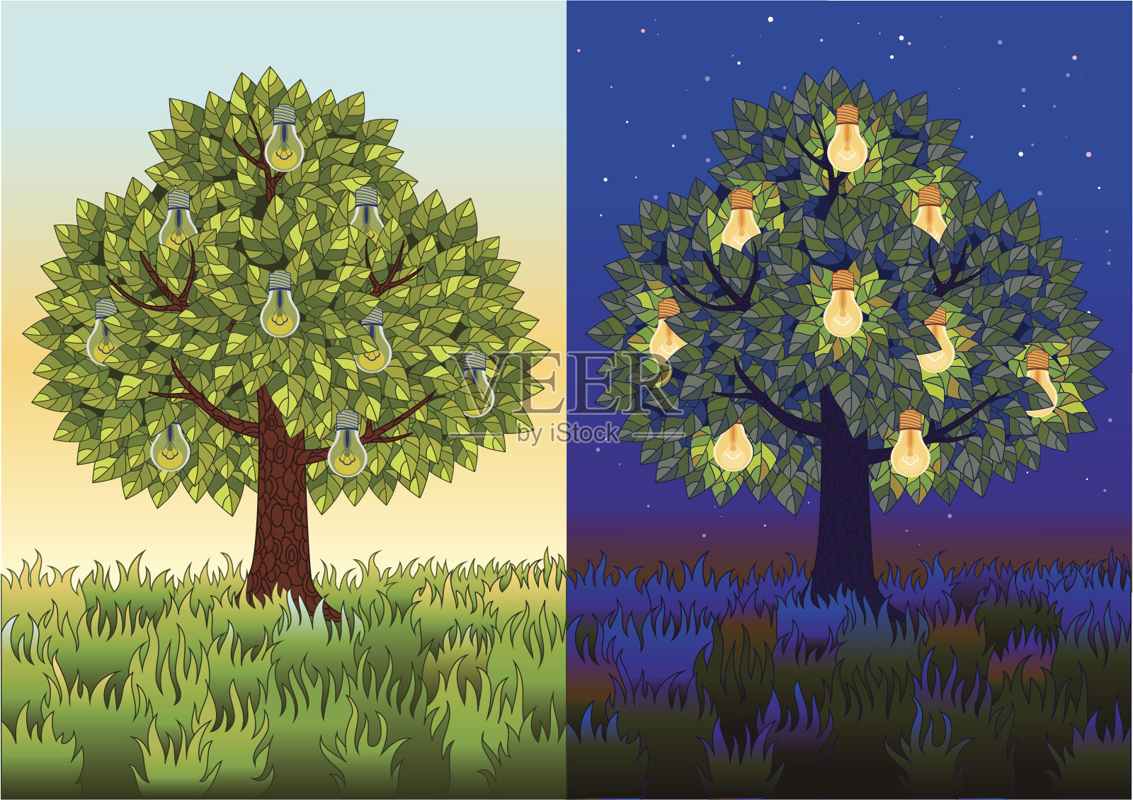 带灯泡的果树插画图片素材