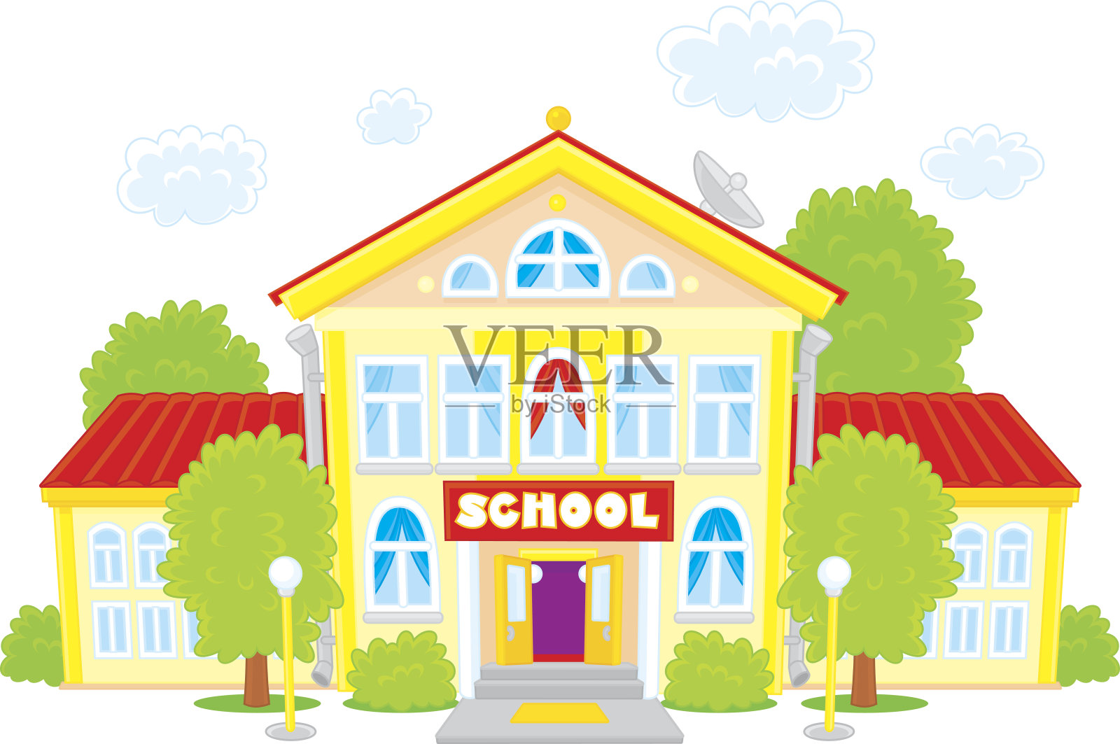 卡通黄色的学校和红色的屋顶插画图片素材