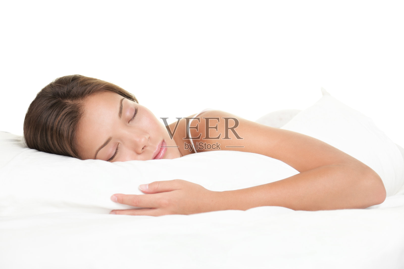 在白色背景上睡觉的女人照片摄影图片