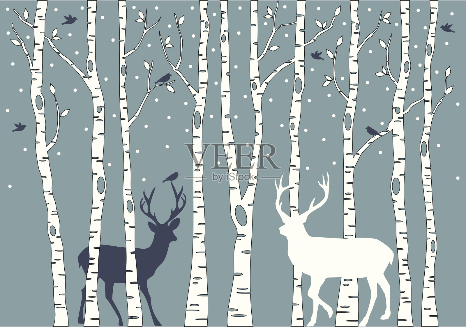 有鹿的桦树插画图片素材