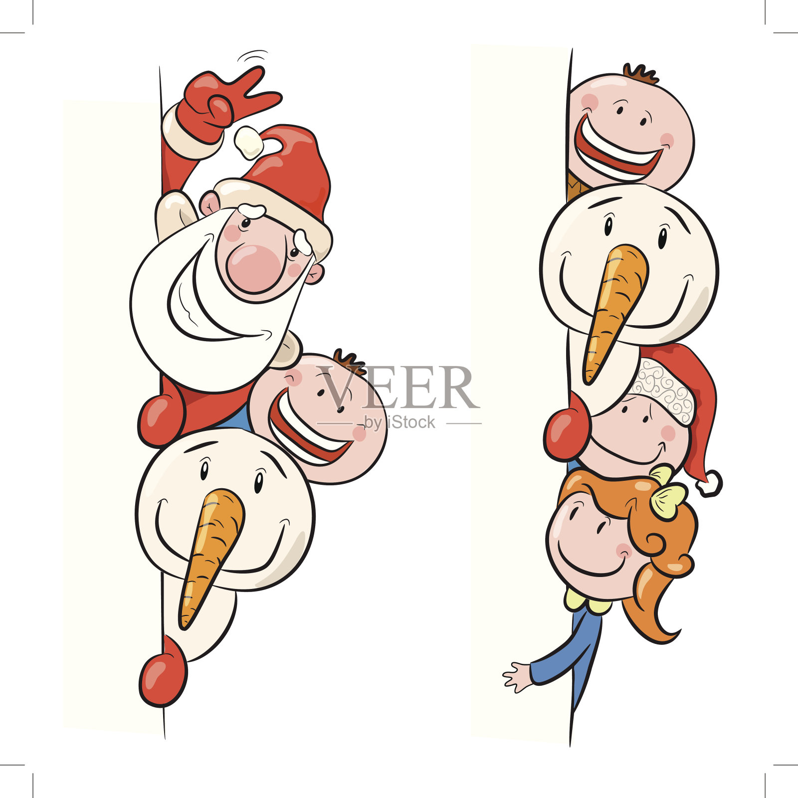 孩子，圣诞老人和雪人插画图片素材