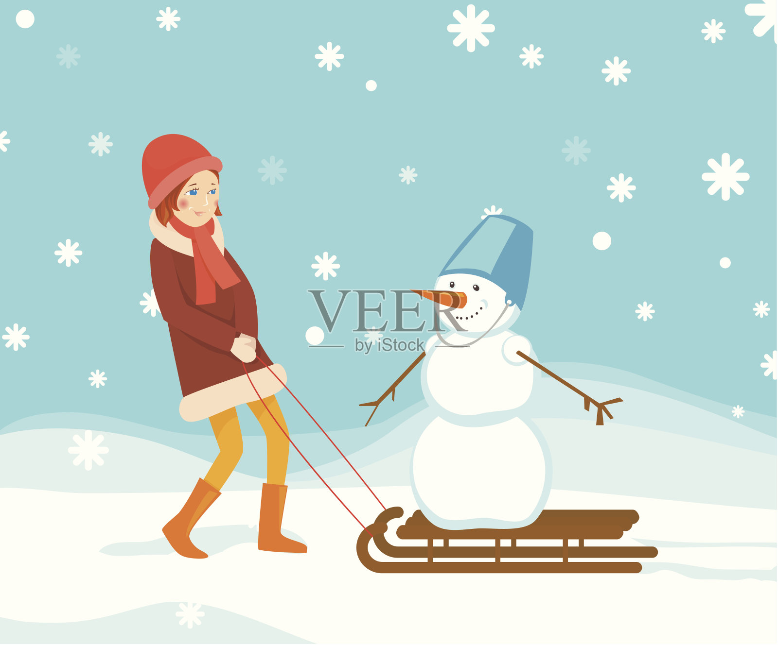 女孩和雪人插画图片素材
