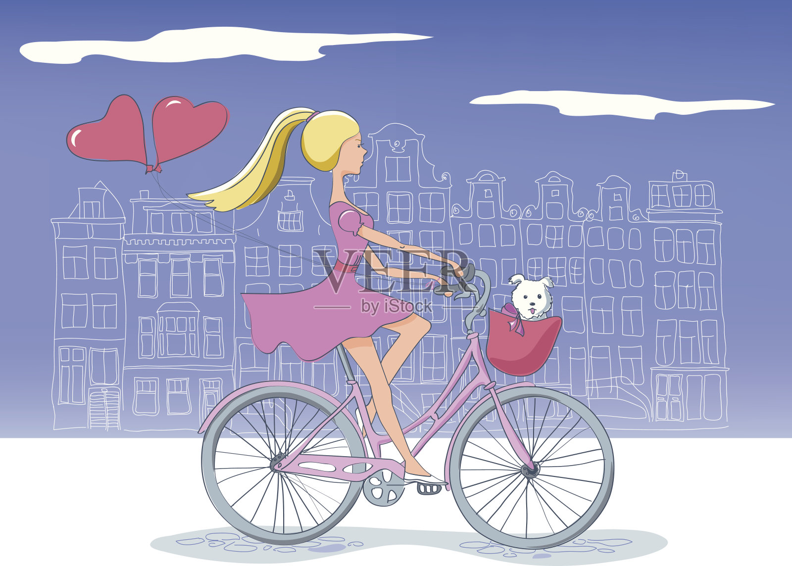 阿姆斯特丹骑自行车的女孩插画图片素材