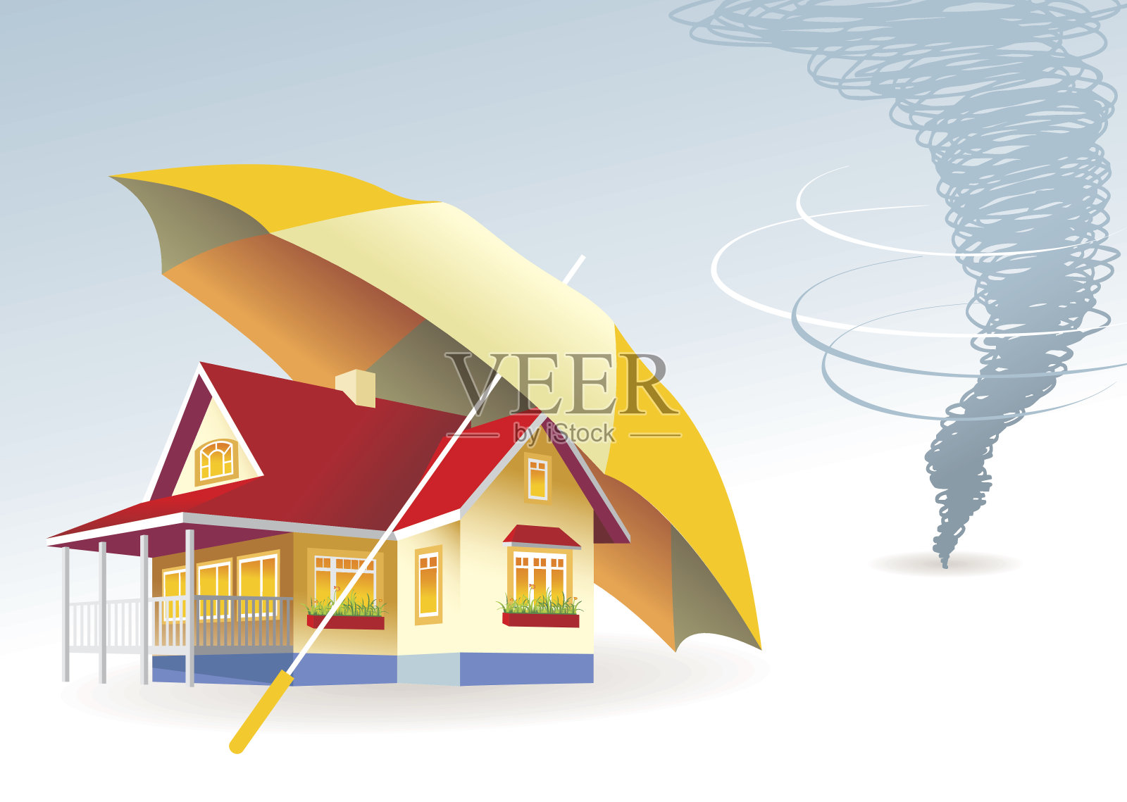 一个巨大的雨伞保护房屋免受龙卷风袭击的图形插画图片素材