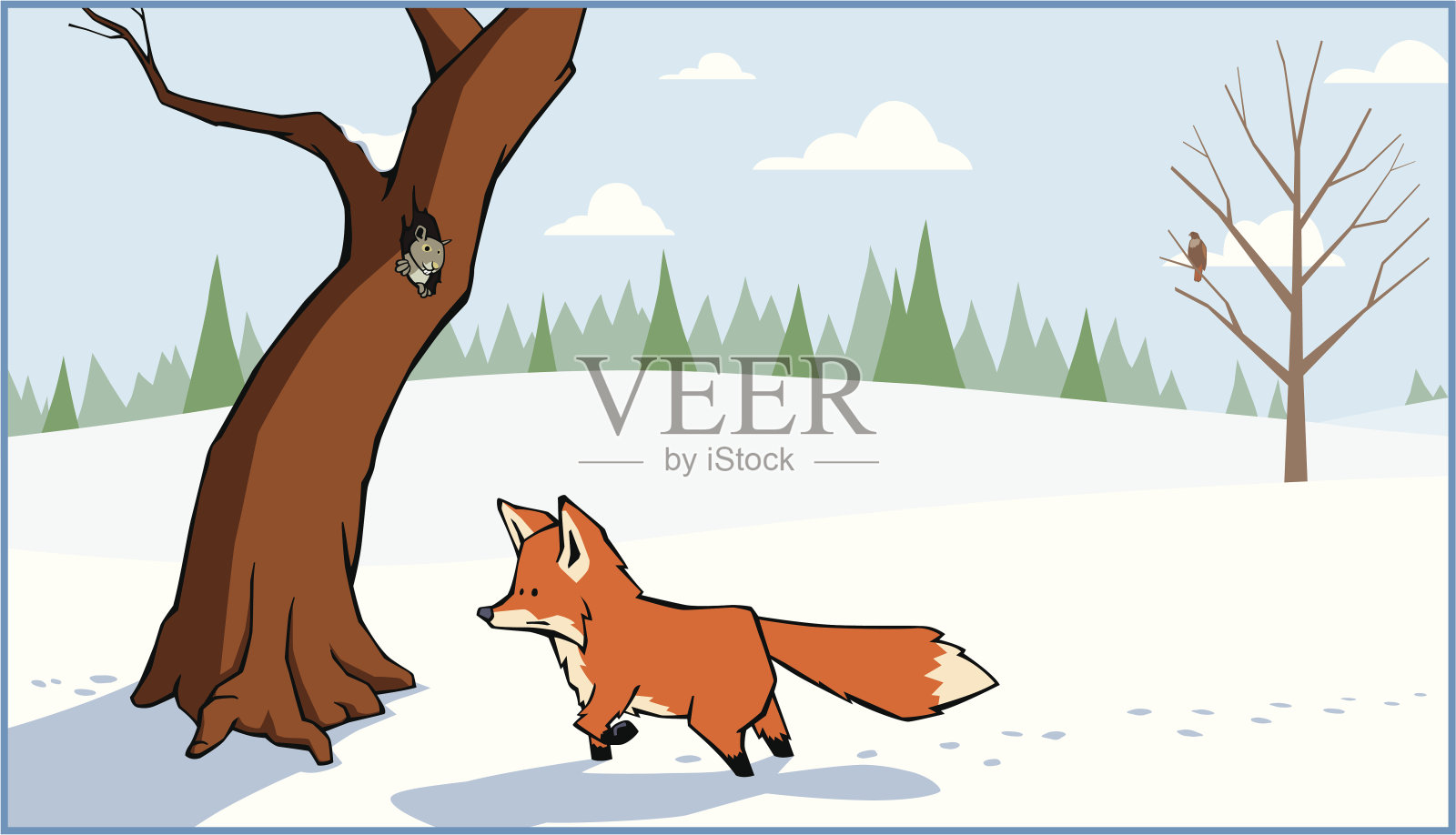 冬天的场景与狐狸和松鼠设计元素图片