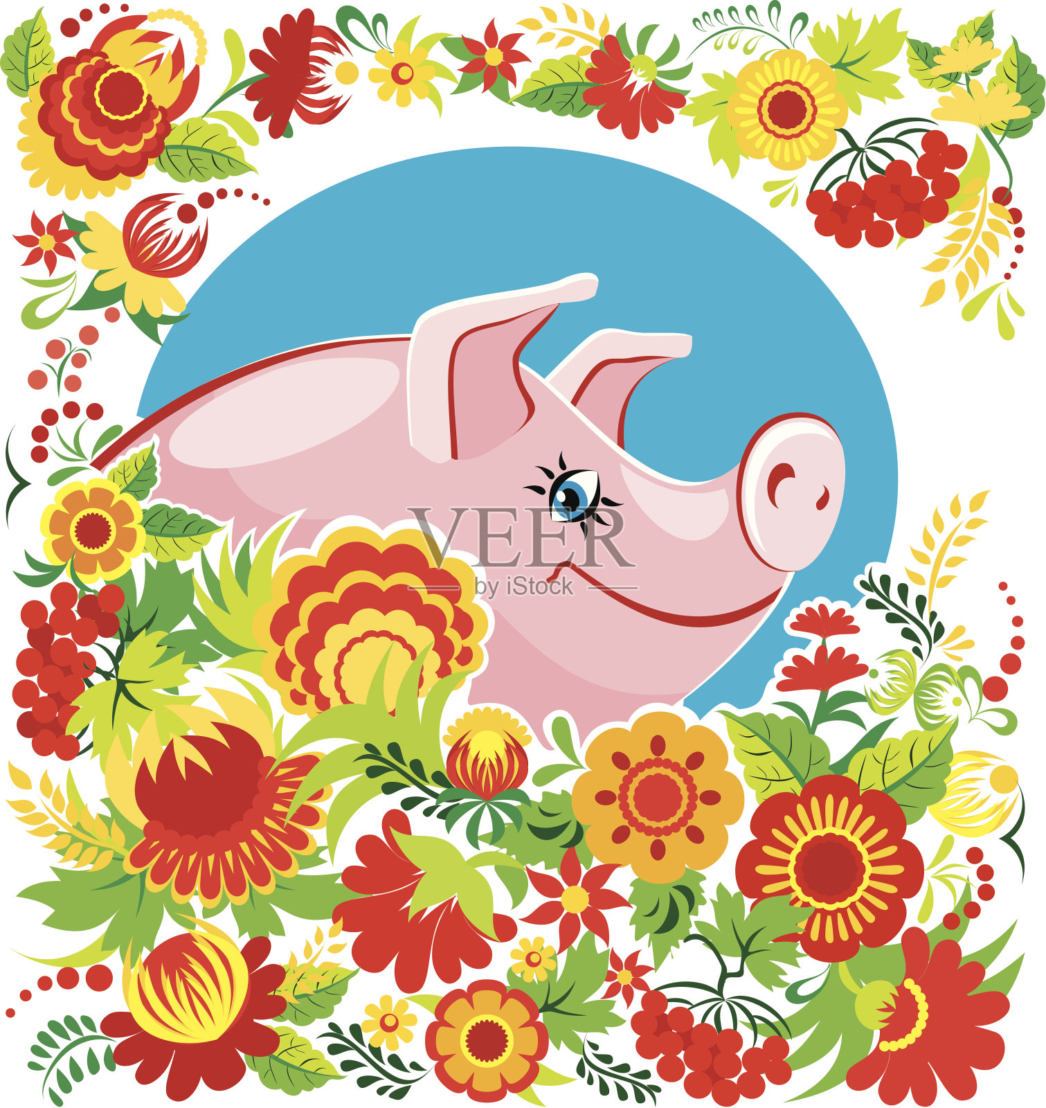 猪在花丛中插画图片素材